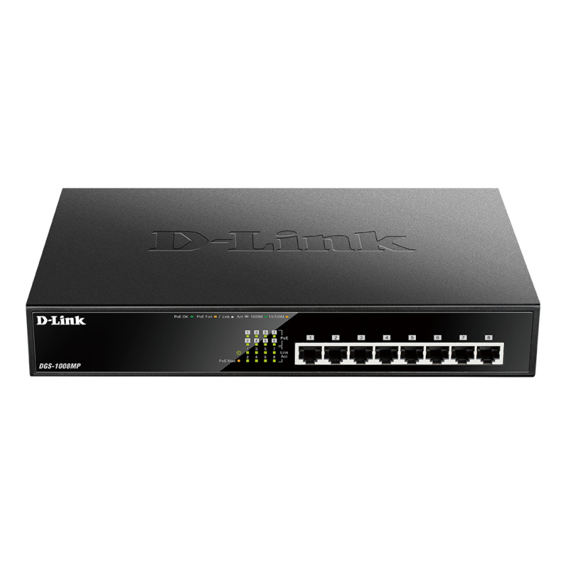D-Link DGS-1008MP commutateur réseau Non-géré Gigabit Ethernet (10/100/1000) Connexion Ethernet, supportant l'alimentation via ce port (PoE) 1U Noir
