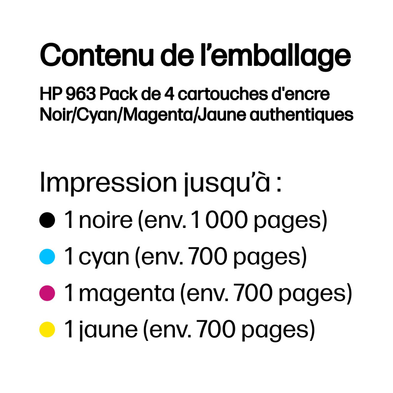 HP 963 Pack de 4 cartouches d'encre Noir/Cyan/Magenta/Jaune authentiques