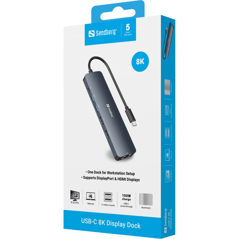 Sandberg 136-43 station d'accueil USB 3.2 Gen 1 (3.1 Gen 1) Type-C Gris