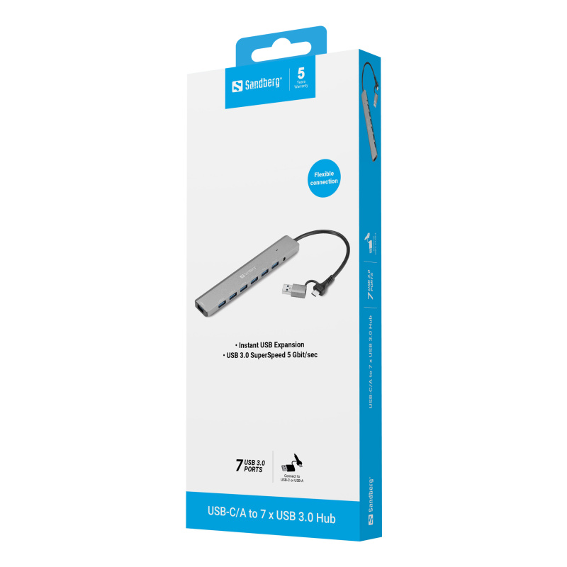 Sandberg 136-66 hub & concentrateur USB 3.2 Gen 1 (3.1 Gen 1) Type-A + Type-C 5000 Mbit/s