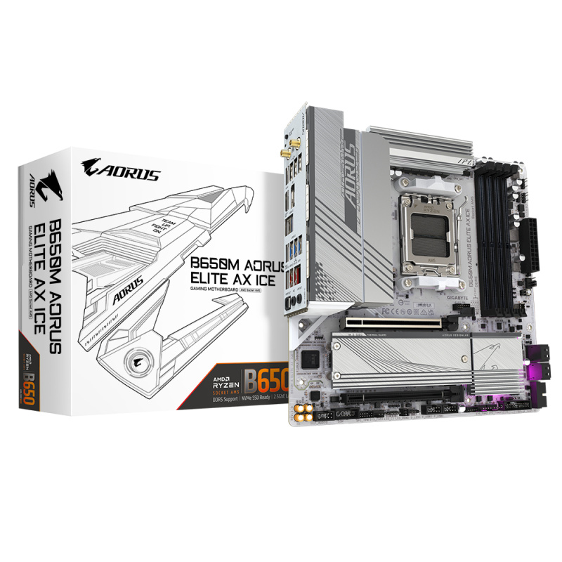 GIGABYTE B650M AORUS ELITE AX ICE Carte mère - AMD Ryzen série 9000, VRM 12+2+2 phases, jusqu'à 8000 MHz DDR5 (OC), 1xPCIe 5.0 + 1xPCIe 4.0 M.2, LAN 2,5 GbE, WIFI 6E, USB 3.2 Gen 2x2