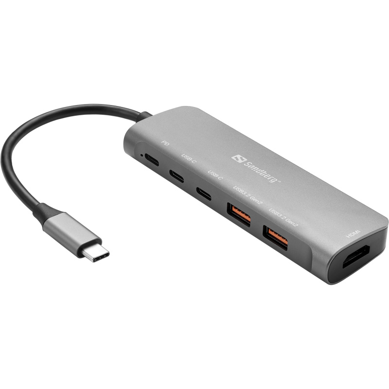 Sandberg USB-C Dock HDMI + 2xUSB-A + 2xUSB-C + PD100W Avec fil USB 3.2 Gen 1 (3.1 Gen 1) Type-C Aluminium