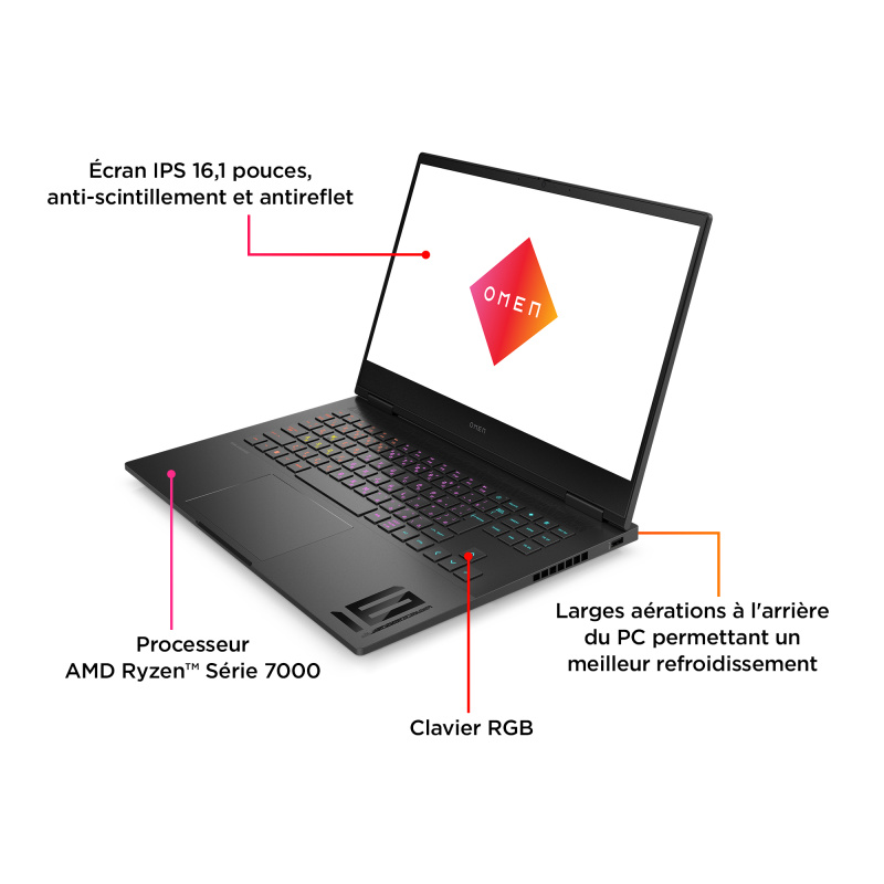 OMEN by HP OMEN Gaming Laptop 16-xf0061nf AMD Ryzen™ 9 7940HS Ordinateur portable 40,9 cm (16.1") Quad HD 32 Go DDR5-SDRAM 1 To SSD NVIDIA GeForce RTX 4070 Wi-Fi 6E (802.11ax) Windows 11 Home Noir