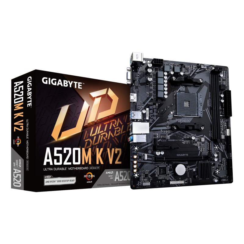 GIGABYTE Carte mère A520M K V2 - Prend en charge les processeurs AMD Ryzen série 5000 AM4, jusqu'à 5100MHz DDR4 (OC), PCIe Gen3 x4 M.2, LAN GbE, USB 3.2 Gen 1