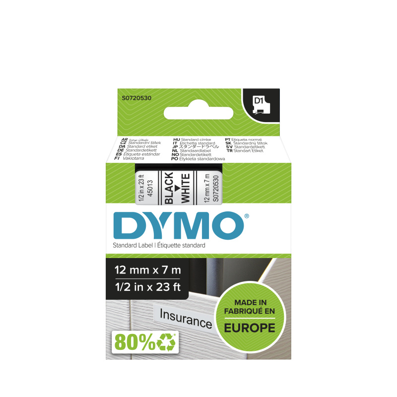 DYMO D1 étiquettes autocollantes authentiques | impression en noir sur fond blanc | 12 mm x 7 m | pour étiqueteuses LabelManager