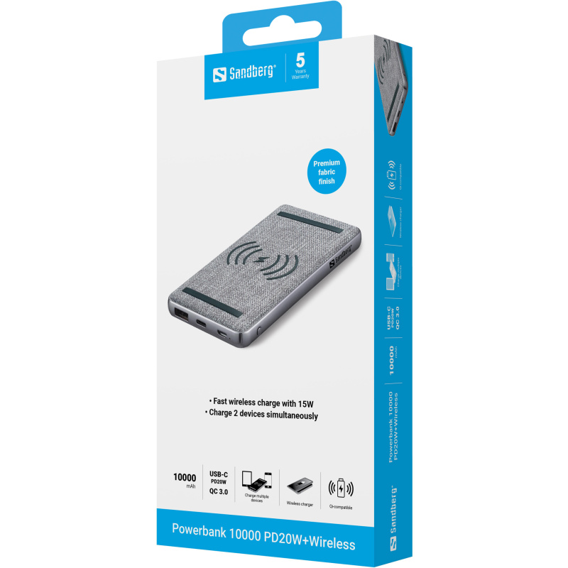 Sandberg 420-61 banque d'alimentation électrique Lithium Polymère (LiPo) 10000 mAh Recharge sans fil Noir, Gris