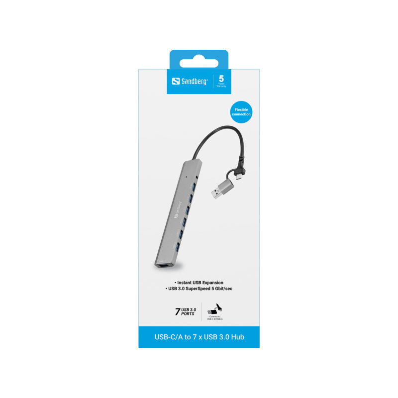Sandberg 136-66 hub & concentrateur USB 3.2 Gen 1 (3.1 Gen 1) Type-A + Type-C 5000 Mbit/s