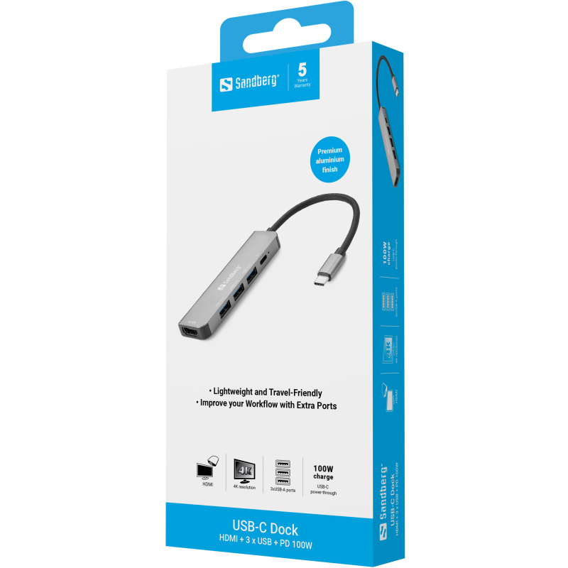 Sandberg USB-C Dock HDMI+3xUSB+PD 100W