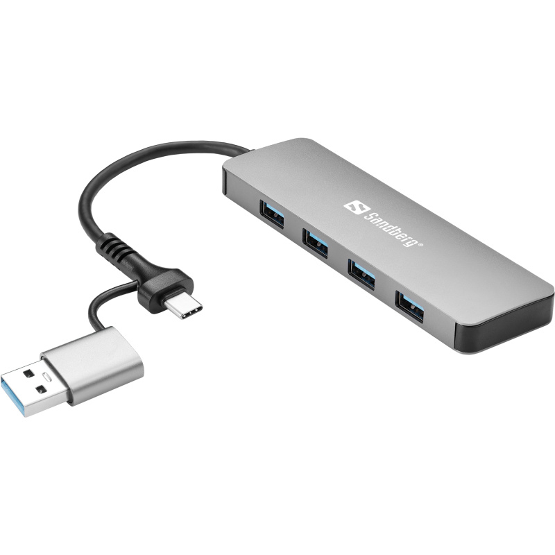 Sandberg USB-C/A to 4xUSB 3.0 Hub USB 3.2 Gen 1 (3.1 Gen 1) Type-A + Type-C 5000 Mbit/s Aluminium