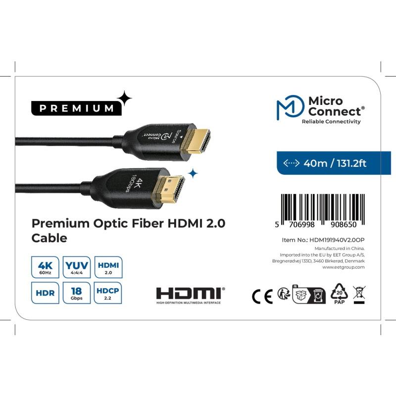 Microconnect HDM191940V2.0OP câble HDMI 40 m HDMI Type A (Standard) Noir