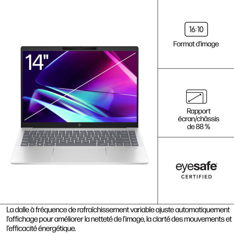 HP Pavilion Plus 14-ew1006nf Intel Core Ultra 7 155H Ordinateur portable 35,6 cm (14") 3K 32 Go LPDDR5x-SDRAM 512 Go SSD Wi-Fi 6E (802.11ax) Windows 11 Home AI PC Argent