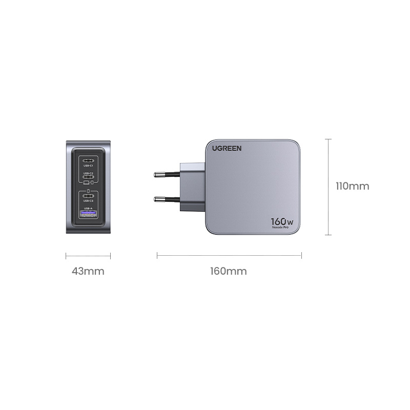 Ugreen Nexode Pro 160W GaN Charger with USB-C Cable Universel Noir, Gris Secteur Charge rapide Intérieure