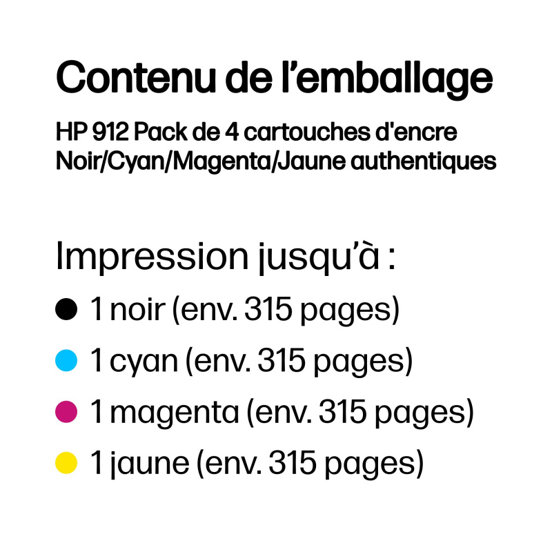 HP 912 Pack de 4 cartouches d'encre Noir/Cyan/Magenta/Jaune authentiques
